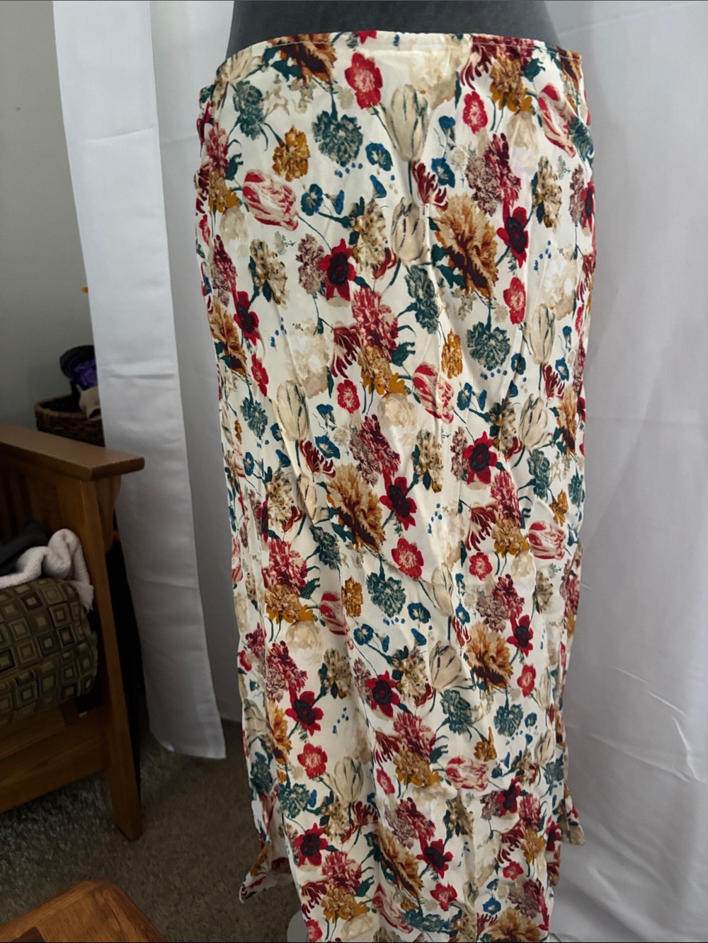 Lucky Brand Cream Maxi Skirt with Red, Teal & Mustard Floral Print